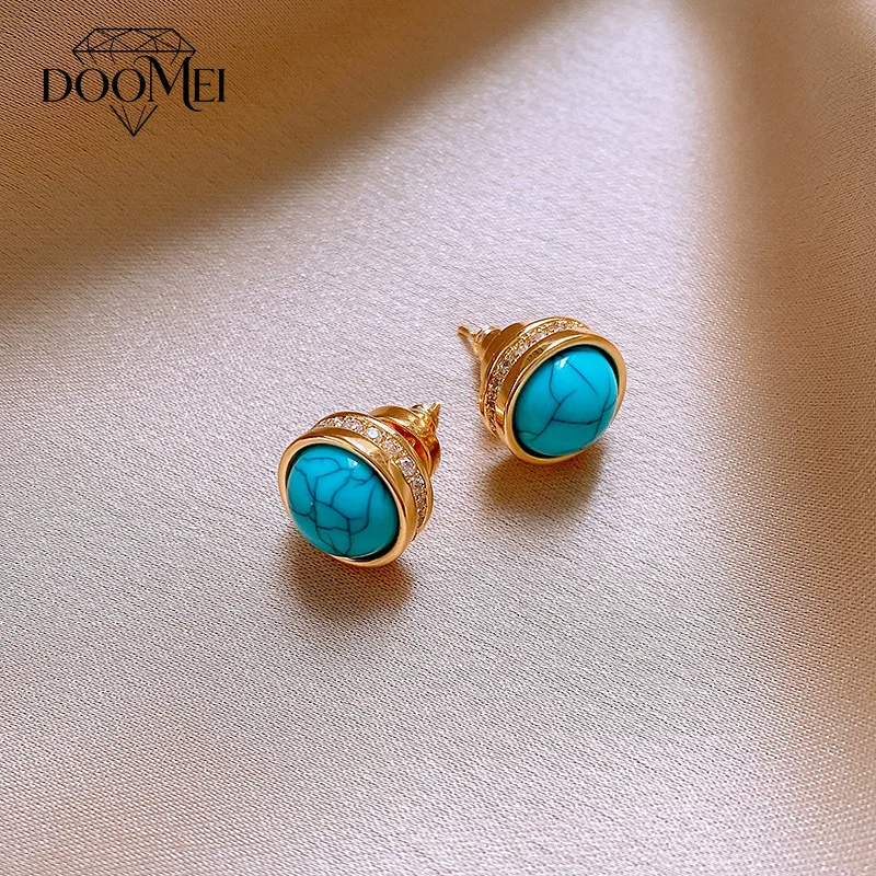 DOO MEI Vintage Round Earrings Turquoise Stud Earrings 14K Gold Plated Bezel Set Cubic Zirconia Ear Stud for Women Daily Wear