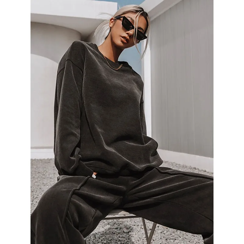 Krisnanas conjuntos de pantalones para mujer 2025 Otoño Invierno algodón sólido cuello redondo sudadera pantalones sueltos Casual nuevo en conjuntos a juego 88960