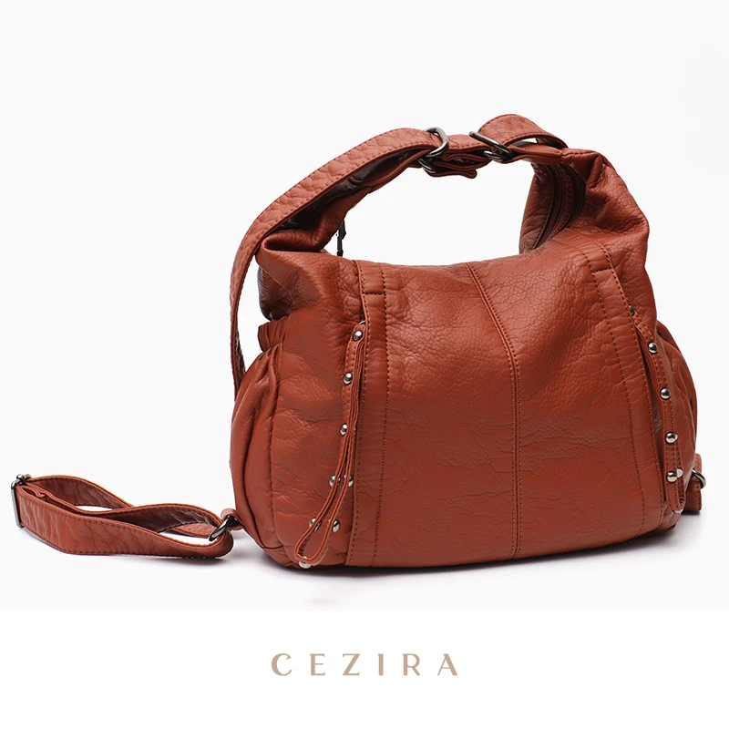 CEZIRA Soft Washed PU Vegan Leather Backpack Women Large Casual Multi Pockets Shoulder Bags Fashion Functional Knapsack Travel