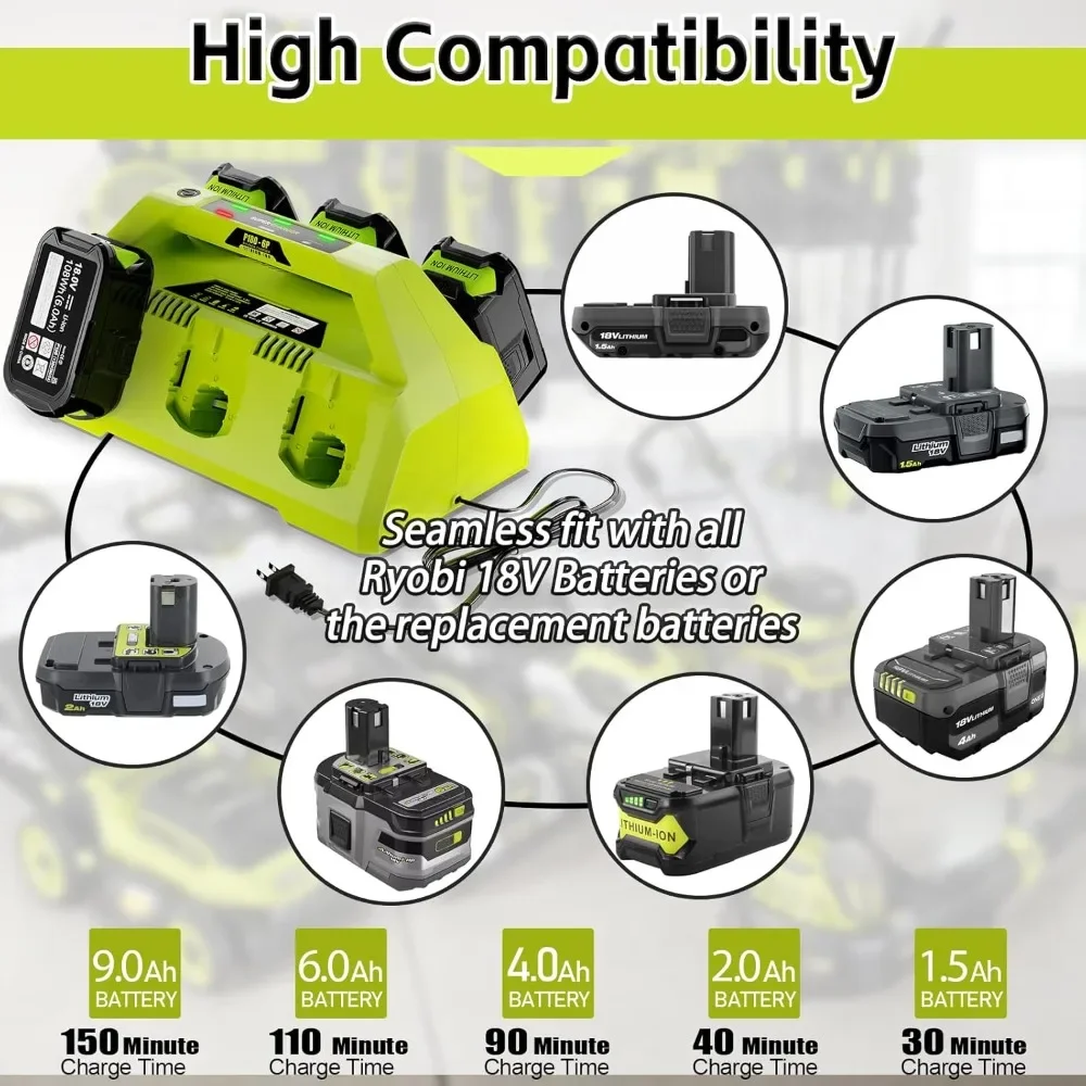 【 Wall-hole】 Replace 6 Port Chrager for Ryobi 18V Lithium-Ion Charger Fast Charge with Power Choose Button,6 LED Indicators