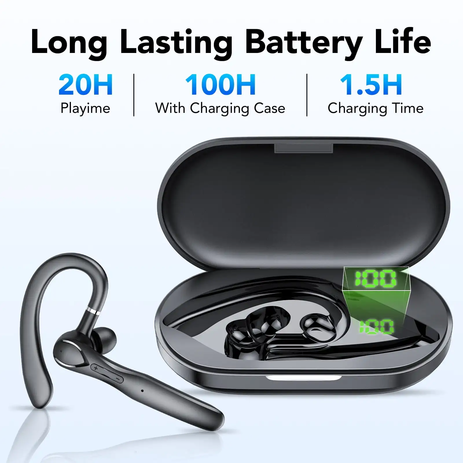 سماعة رأس بخاصية البلوتوث V5.3 100H سماعة أذن لاسلكية بدون استخدام اليدين مع ميكروفون مزدوج ENC لإلغاء الضوضاء كتم صوت سماعات أذن واحدة