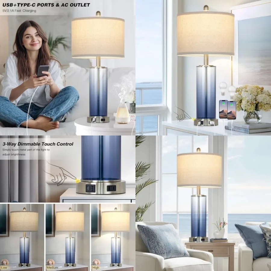

Ruzectt 26" Glass Table Lamp Single, 3-Way Dimmable Touch Control Living Room Lamp with USB C+A Ports and AC Outlet, Coastal Be