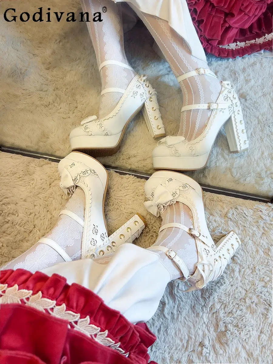 

Elegant Retro Japanese Original Lolita High Heels Sweet Girl Cross Strap Rose Waterproof Table Thick Heel Lolita Single Shoes