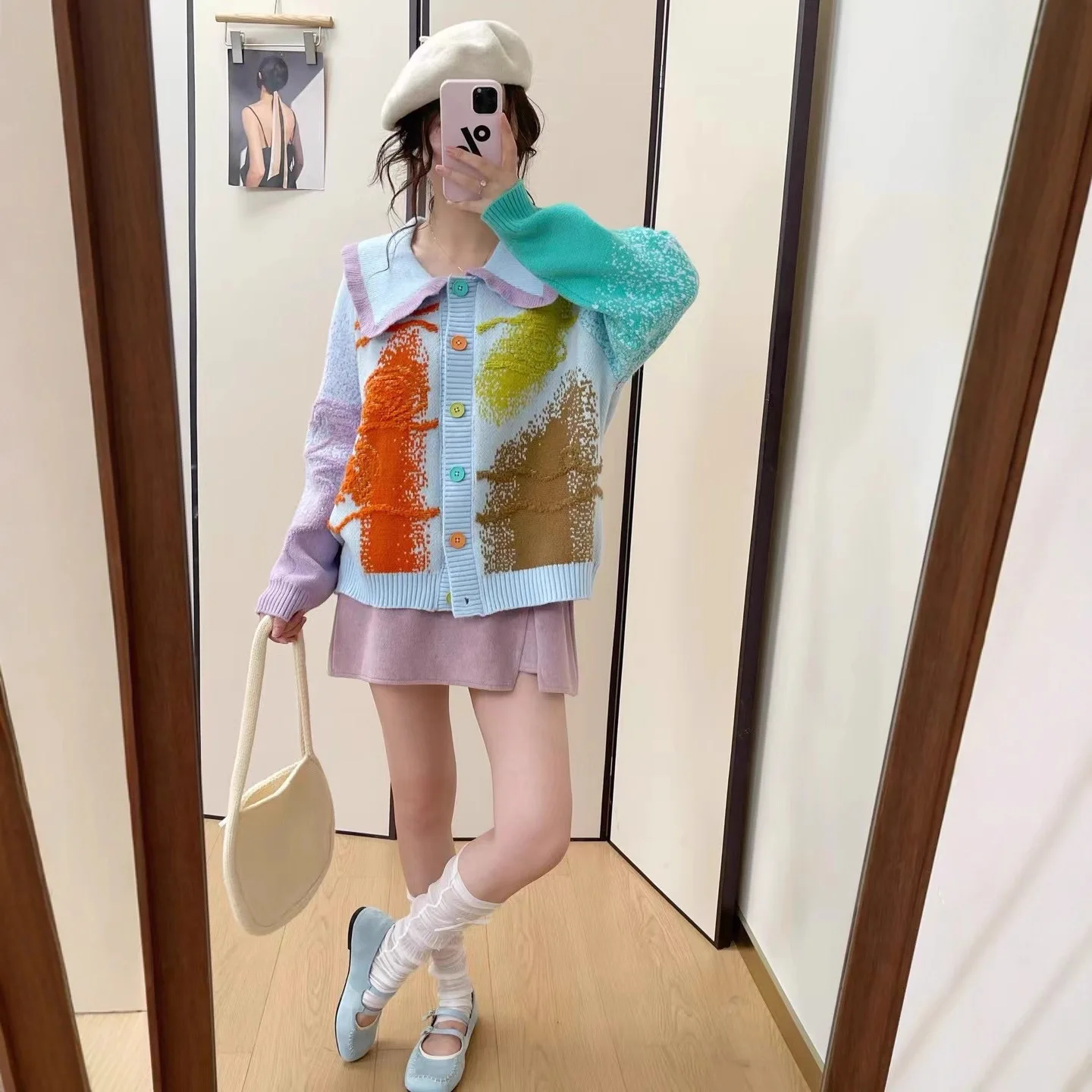 2025 Spring and Autumn New Women's Sweet Style Colorful Knitted Cardigan Loose Turn-Down Collar Casual Daily Sweater Top