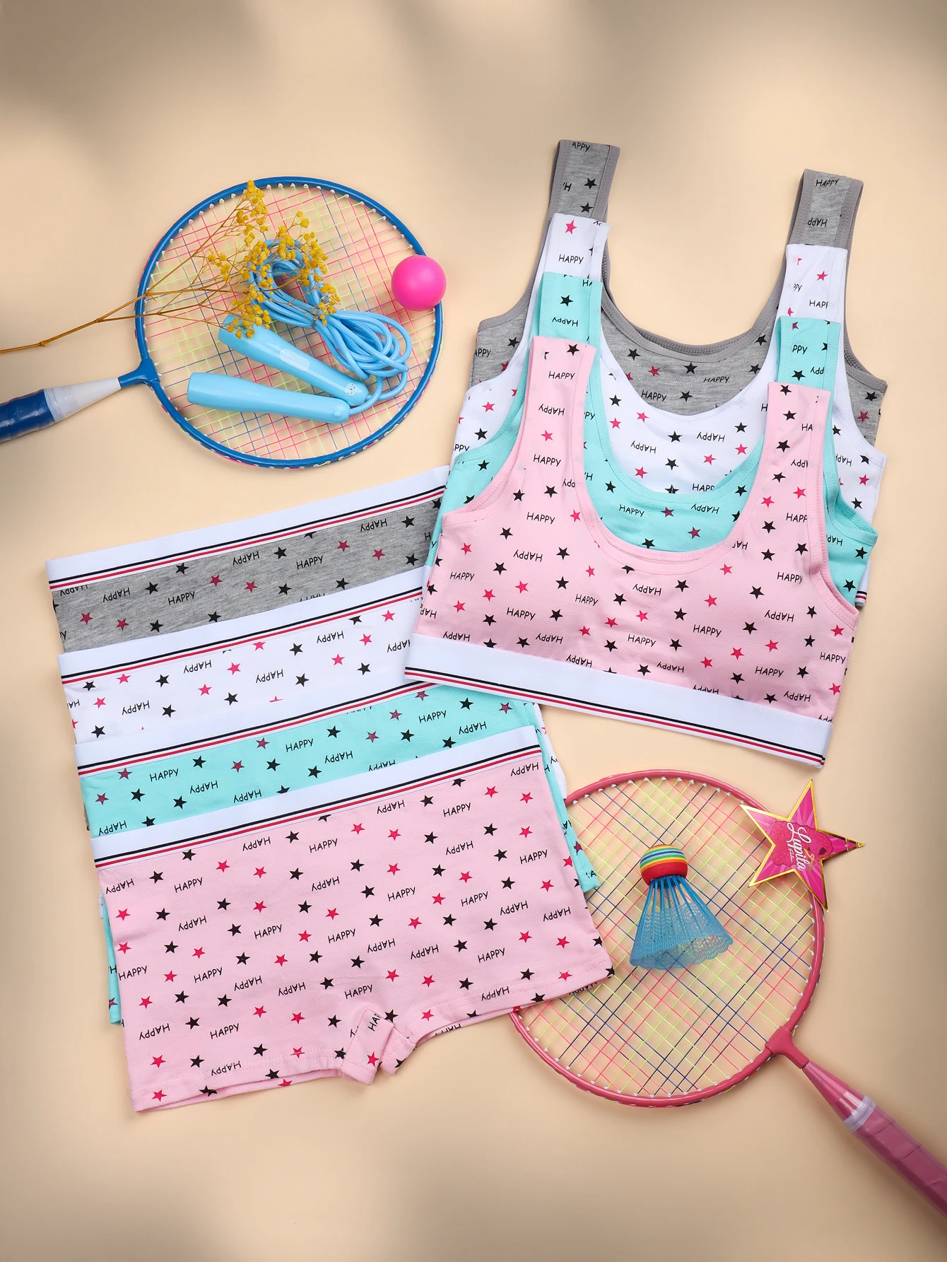 

Girls Training Bras and Briefs 4 Sets Comfort Breathable Cotton Letters Print Racerback Sports Bras Ultra Comfort 12-14 Years