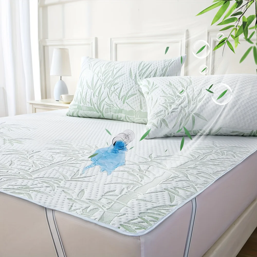 1Pc Cooling Waterproof Bamboo Fiber Mattress Cover with Elastic Band, Breathable Mattress Pad for Single or Double Bed