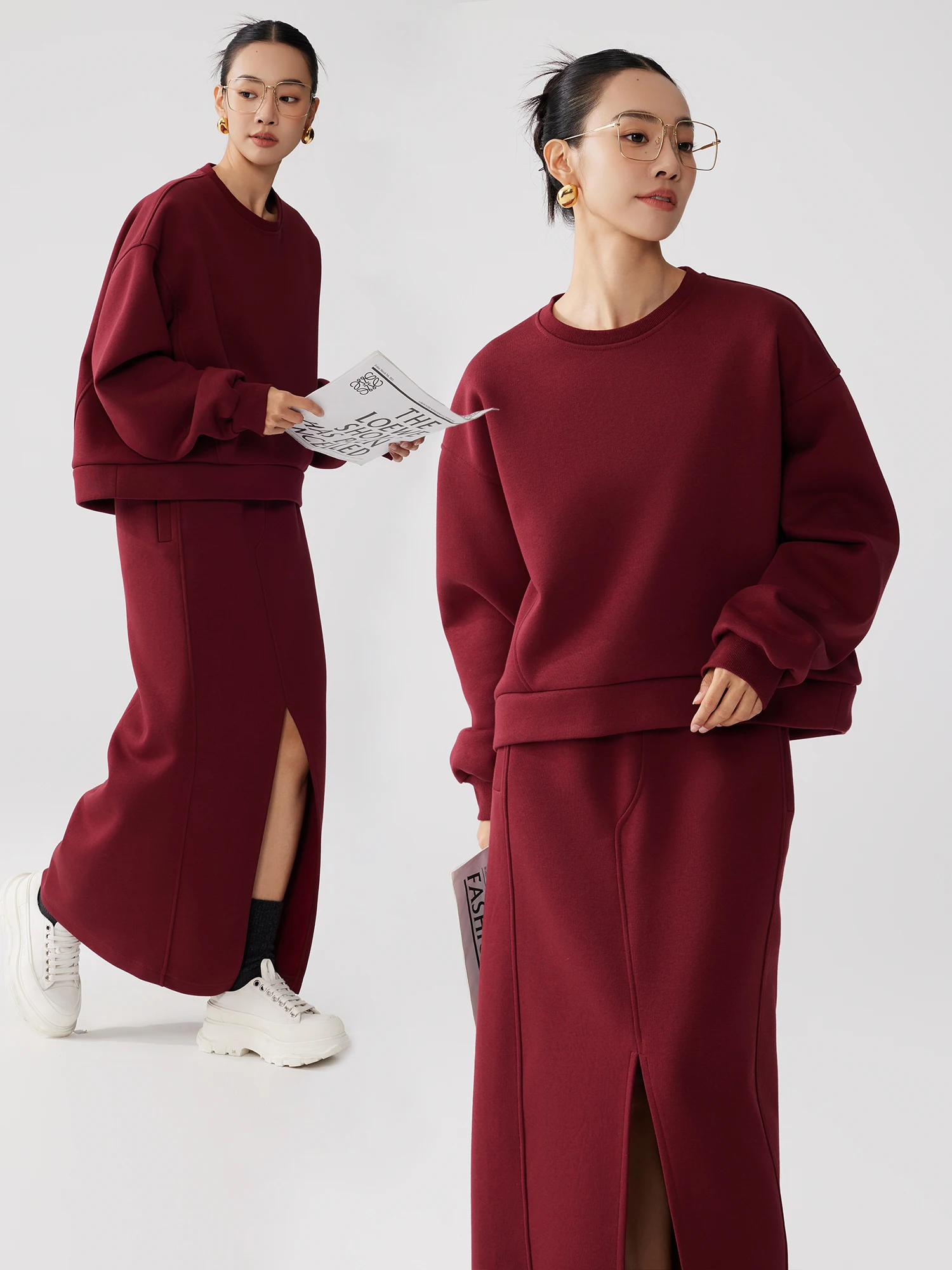 

ZzZHANG Новогодняя мода Повседневная толстовка Fce Юбка Женский комплект из двух предметов Осень-зима Длинный свеч круглый хлопковый костюм Ne