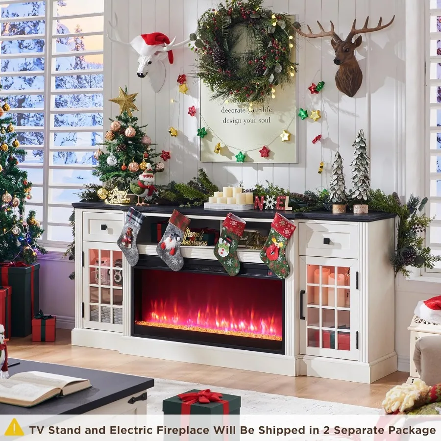 Meja TV Bergaya Rumah Pertanian Modern yang Dirancang untuk TV 80 Inci dengan Perapian Listrik 36 Inci Terintegrasi dan Lampu LED Ambient