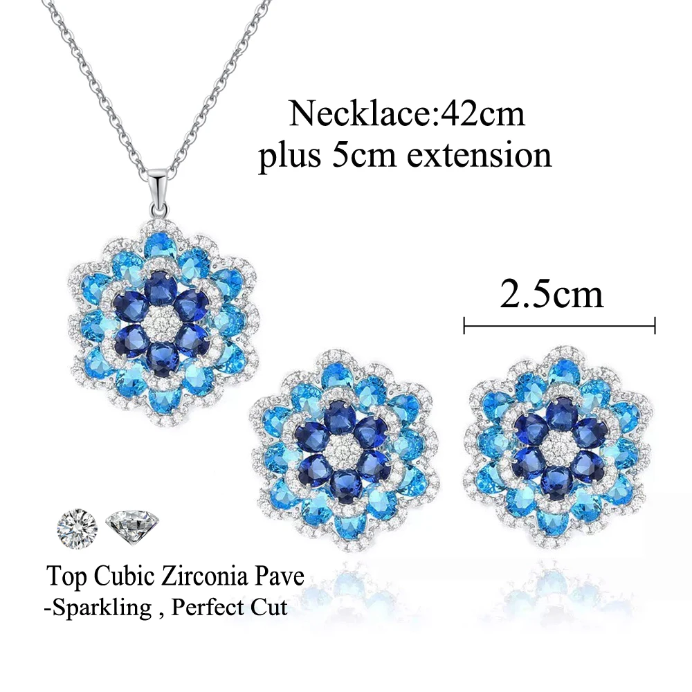 CWWZircons Art Deco Luxus-Ohrringe und Halskette mit blauem Zirkon in Blumenform, Damen-Partyschmuck-Sets, Großhandel T0195 – Detail 1