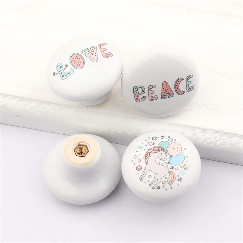 Round Ceramic Cabinet Handles Single Hole Door Drawer Knobs Cartoon Letters Clothes Furniture Handle Wardrobe Cupboard Pulls Diy