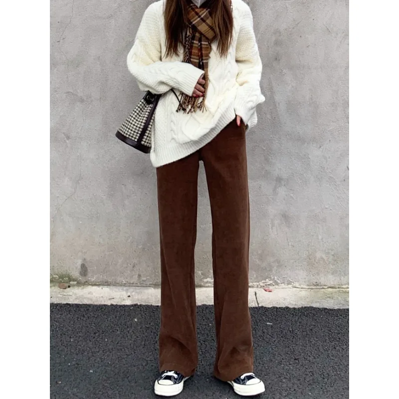 الخريف/الشتاء صوف مبطن سميكة المرأة السراويل الطويلة عادية Y2K سروال قصير واسعة الساق بنطلون لينة العصرية مستقيم الساق بنطلون