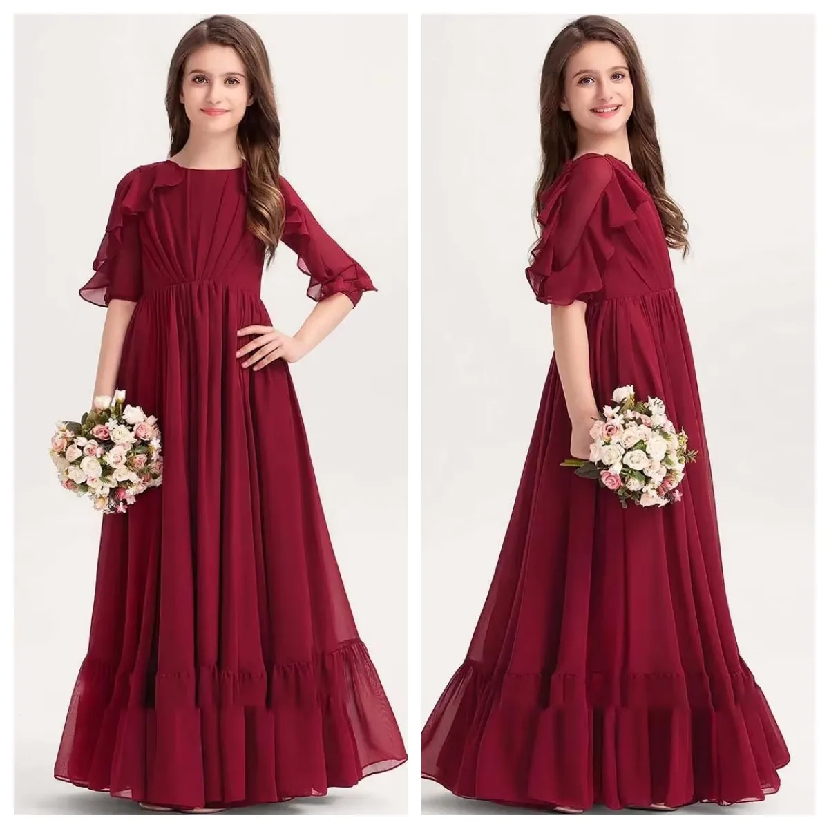 ชุดเดรสสีชมพูสำหรับเด็กผู้หญิง งานวันเกิด งานพิธีศีลมหาสนิท งานแต่งงาน กระโปรงยาวระบายสวยหรู