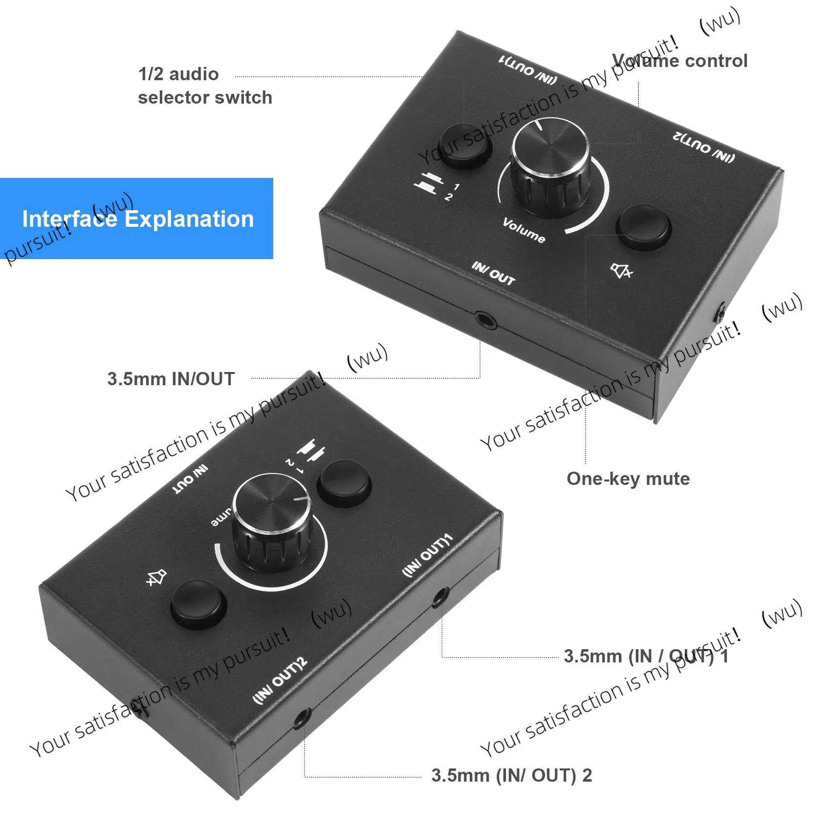 LSJD 3.5mm Audio Switcher, 2 Input 1 Output/1 Input 2 Output Audio Splitter Switcher, Audio Switcher Box, One-Key Mute Button