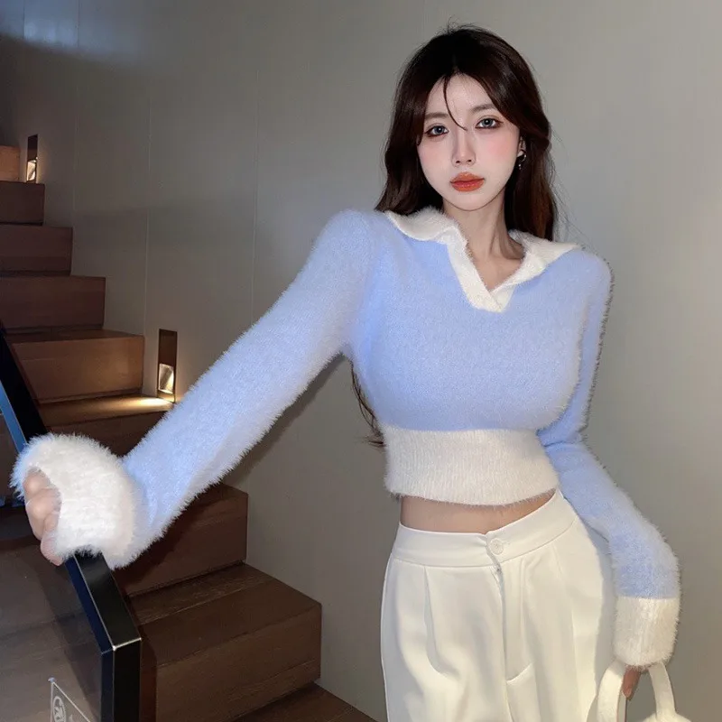 Korean Sweater Slim Color Contrast Sexy Autumn And Winter Plush V-neck