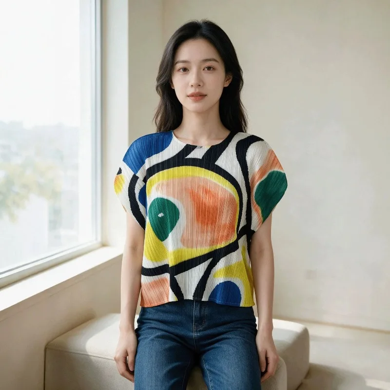 Miyake Pleated 2026 New Abstract Art Print Batwing Sleeve Top Women's Round Neck Loose Personality Color Block T-Shirt Cover-up