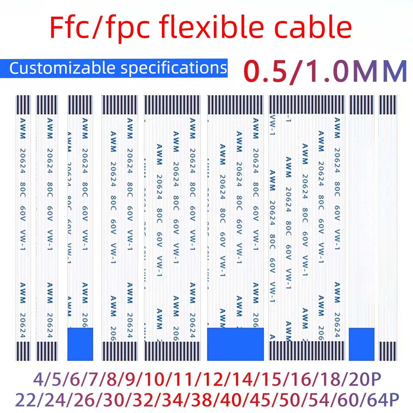 10Pcs FFC/FPC cable 0.5/1.0mm Spacing AWM 20624 80C 60V VW-1 cable 4P-28P Same direction / Reverse direction