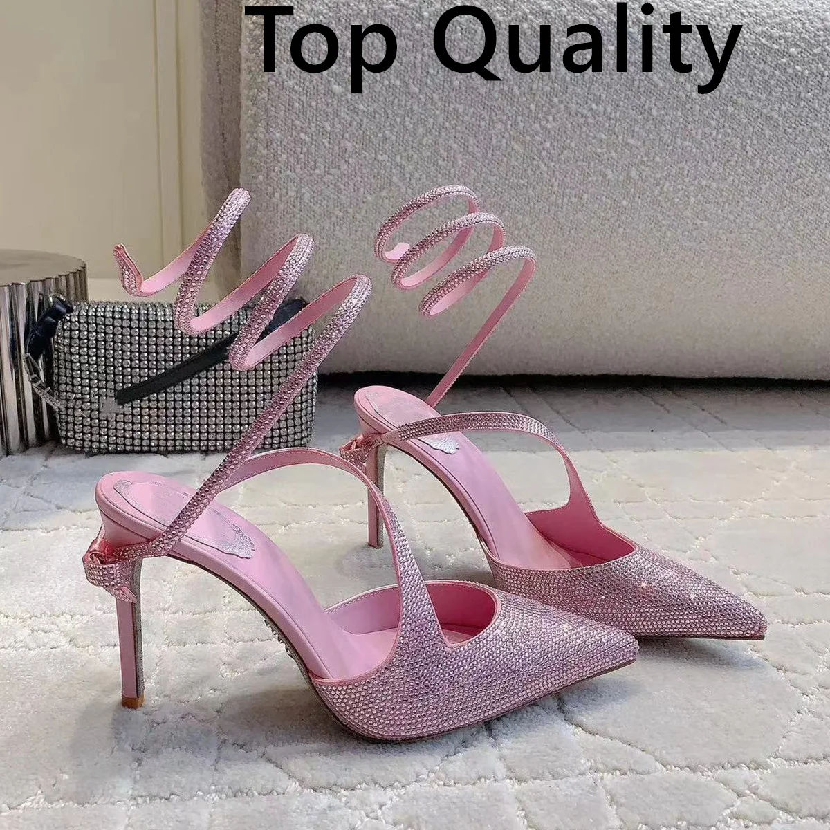 

2024 New Women High heels sexy sandals Sharp pointed and slender heel Diamond inlay Silk shoe upper High9cm Genuine leather sole