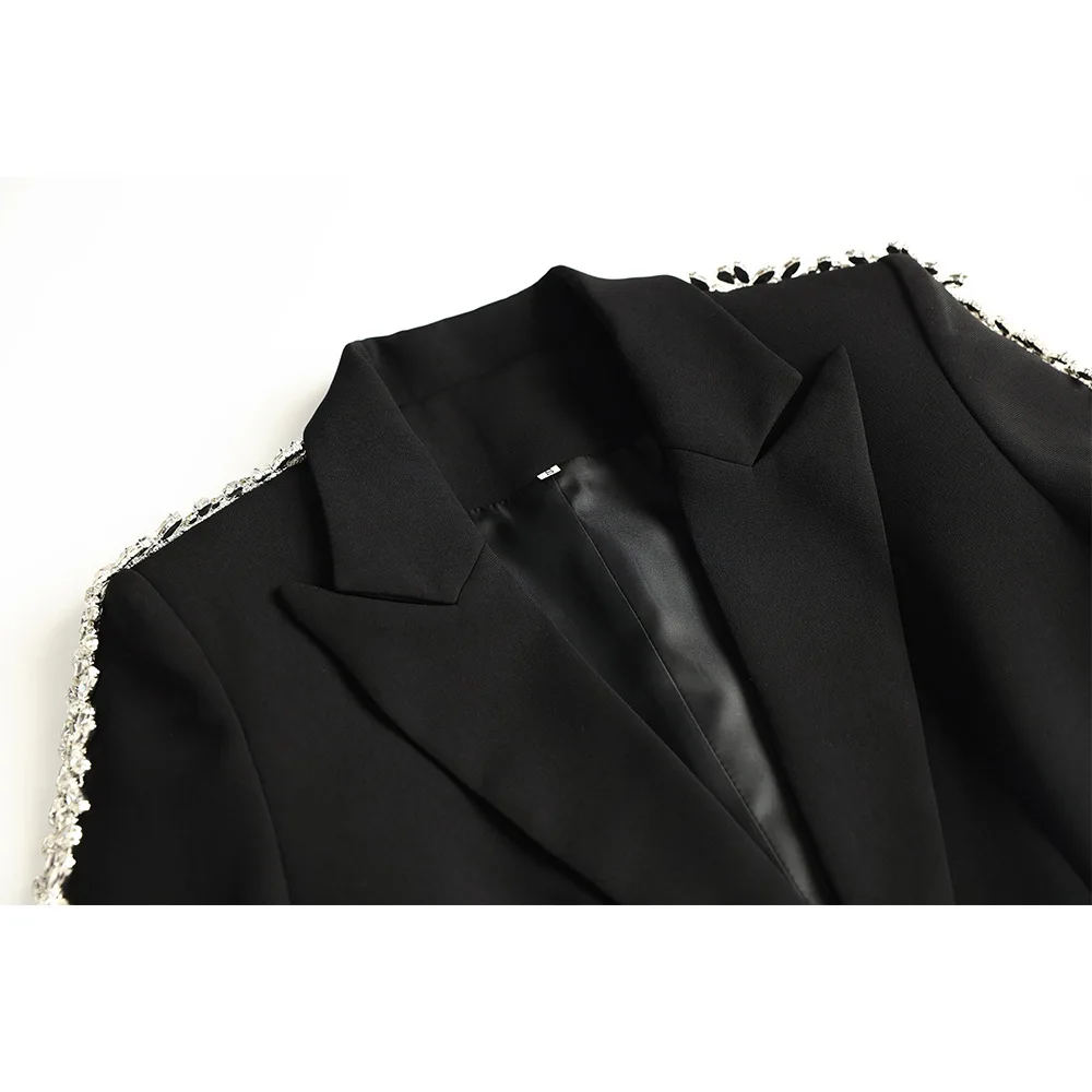 Traje negro de cristal de lujo para mujer, conjunto de 2 piezas, chaqueta, Blazer, ropa de trabajo para mujer, abrigo, vestido de graduación de una sola botonadura, Primavera