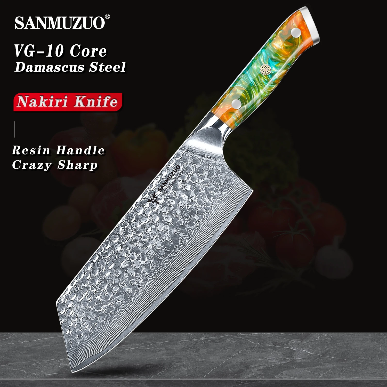 SANMUZUO Nakiri Knife - 7.5 inch Cleaver Knife- Yao Series - VG10 Damascus Steel Kitchen Knife - Resin Handle