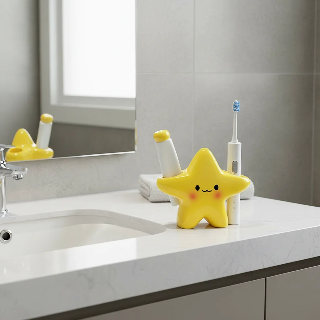 Cute Star-Shaped Toothbrush Holder Freestanding Bathroom Organizer with Cute Face Design, Space-Saving Toothbrush & Toothpaste
