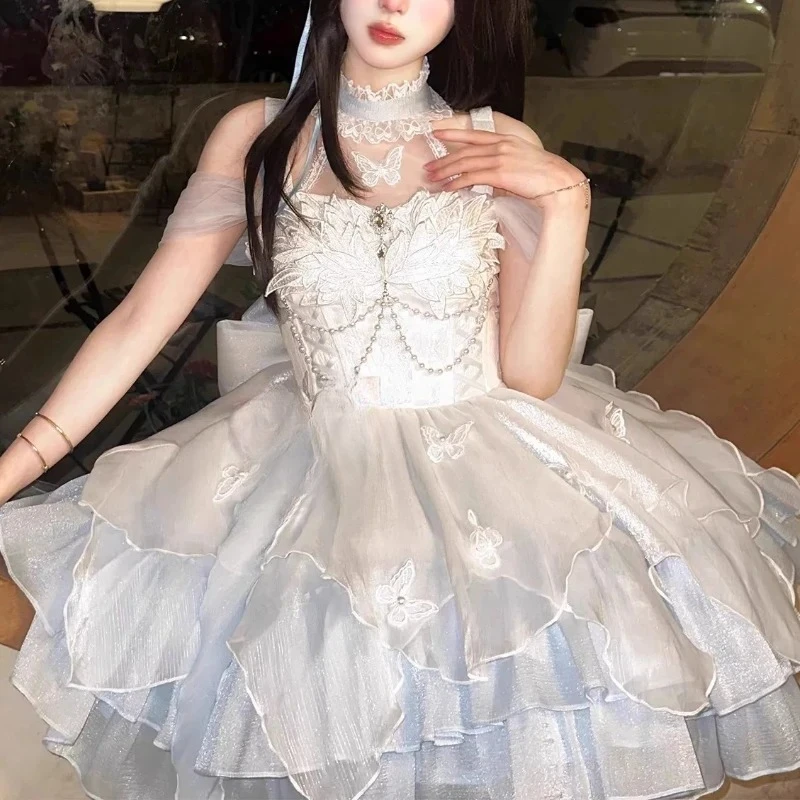 الحلو لوليتا Y2k فساتين الصيف الصغيرة النساء Kawaii الدانتيل المرقعة قصيرة الأكمام ضمادة الفرنسية خمر فستان حفلة قصيرة الإناث