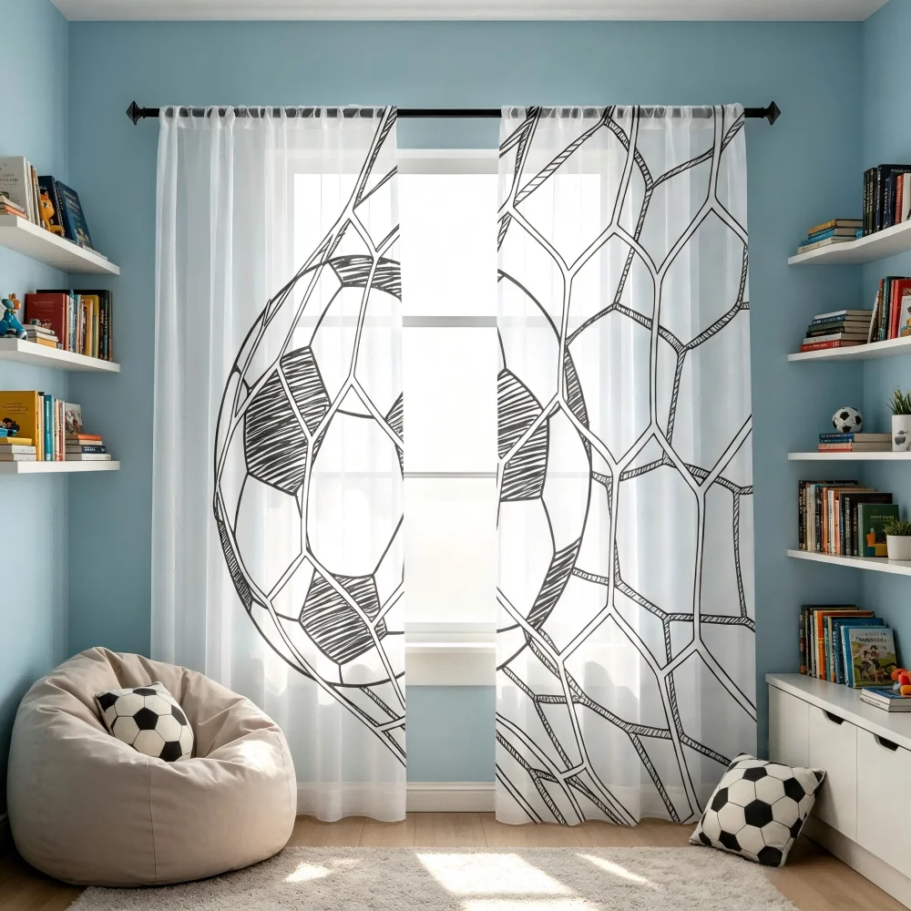 2PCS Digital Print Sheer Curtain, Soccer Ball Multi Color, Sport Game Active - Voile Drapes for Bedroom Living Room Decor