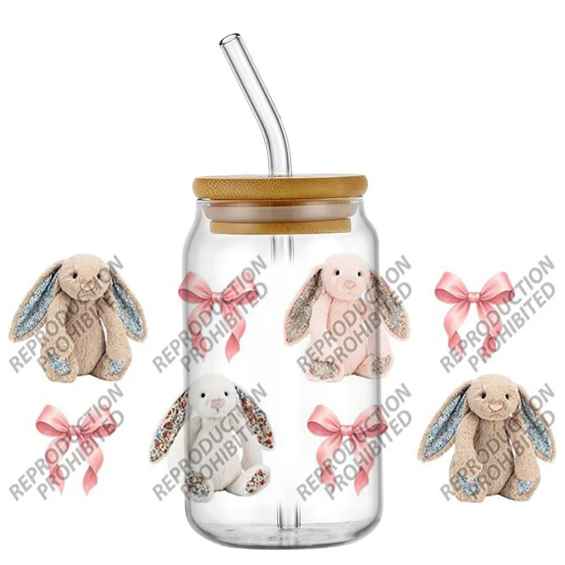 New Design Cute Plush decoration UV DTF Wraps Bow & Rabbit cartoon Stickers for 16oz Glass Cans Waterproof DIY Transfer Decals