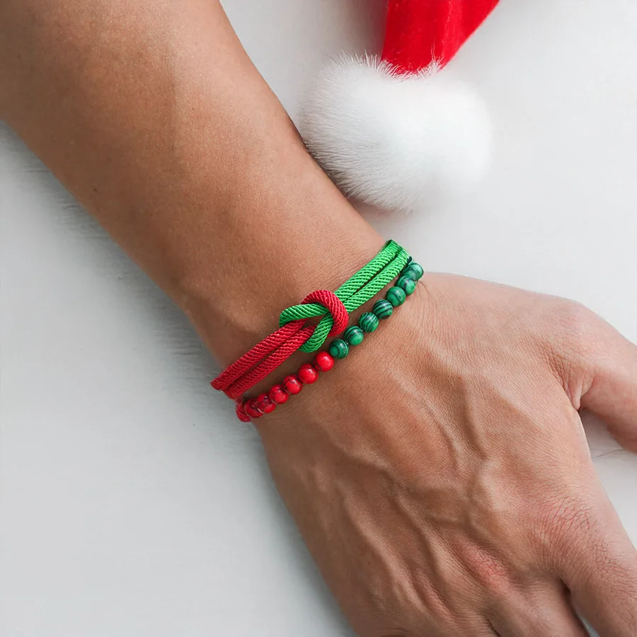 New 2Pcs/Set Men Christmas Bracelet Versatile Accessories Green Red True Love Knot String Braslet Red Howlite Malachite Braclet