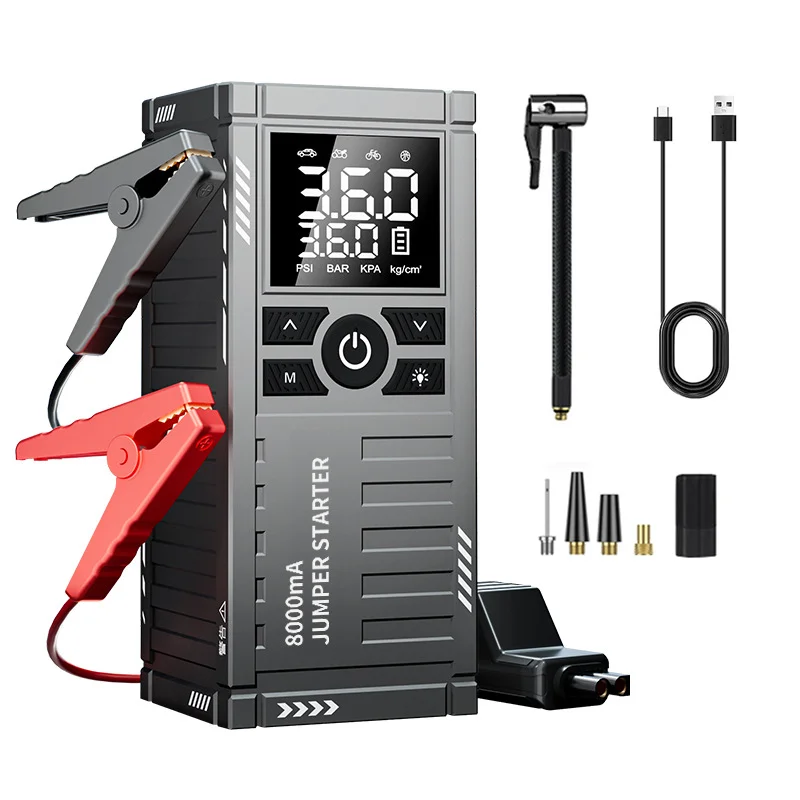 Démarreur d'urgence 4-en-1 pour voiture avec compresseur d'air, booster de batterie de voiture 8000A, pompe à air 150 PSI, batterie externe portable, gonfleur de pneus, démarreur d'urgence pour voiture, pompe à air