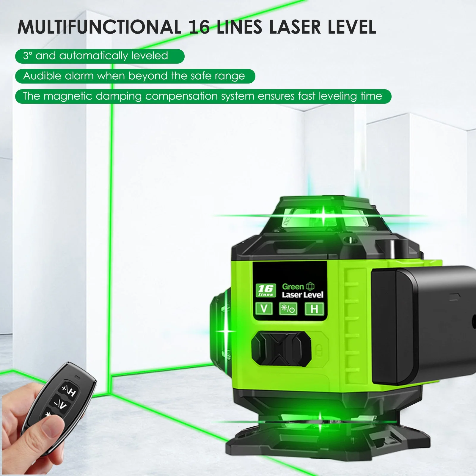 12 /16 Lines Laser Level 3D/4D 3° Cross Line Laser Leveler Multifunction & Remote Control Green Beam Lines with Li-ion Battery