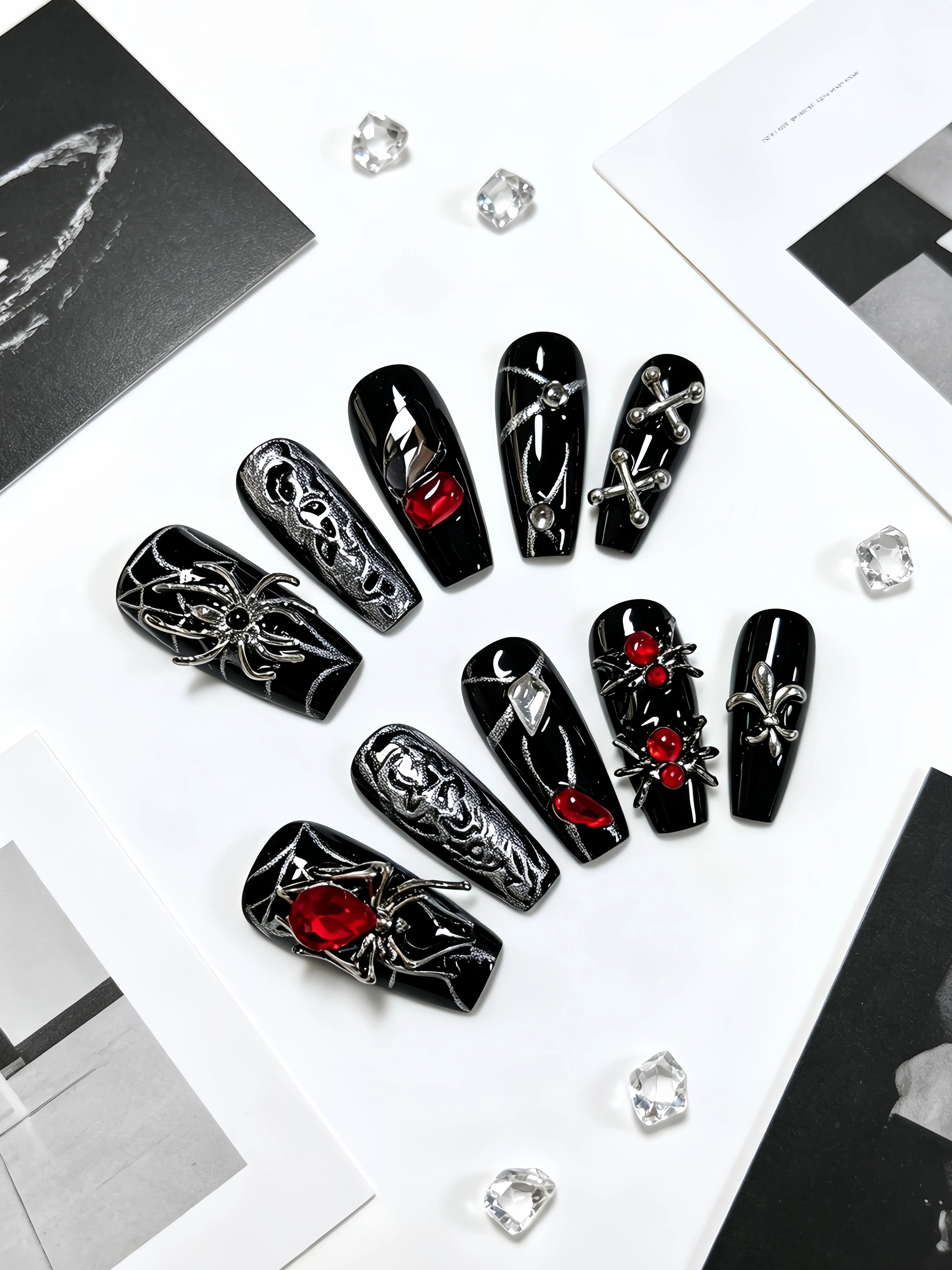 10 Pieces of Medium-Length Trapezoidal Nails, Punk Style Nails for Mature and Trendy Women, Spider Web Design with Large Wine Red Rhinestones, Halloween Party Style, Gothic Nail Art