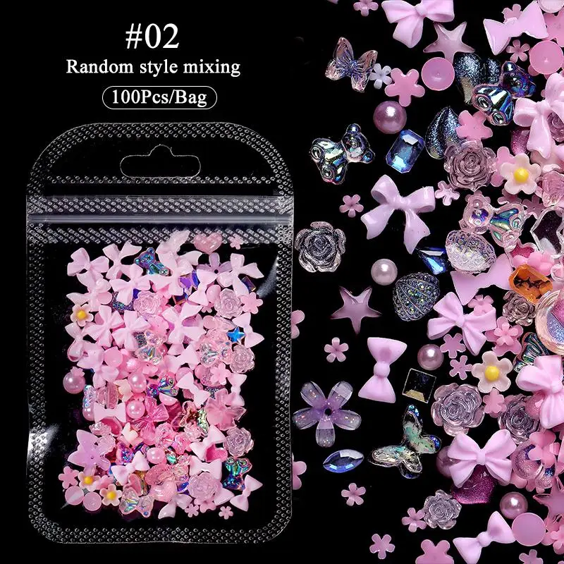 

100pcs 3D Resin Kawaii Pink Nail Charm Purple Flowers Heart Bow Mixed Nail Art Decoration Pink Ribbon Bowknot DIY Nail Decoratio