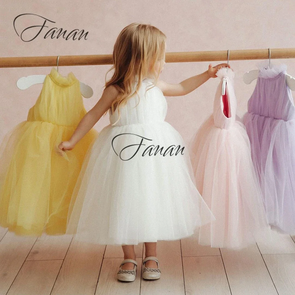 Robes à fleurs blanches en Tulle pour filles, longueur thé, robes de soirée de mariage pour bébé, col licou, robe de bal, robe de princesse élégante