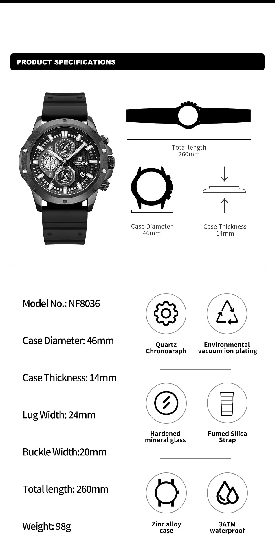 NAVIFORCE Sport Watches For Men Military Waterproof Quartz Chronograph High Quality Male Rubber Strap Wristwatch Reloj Hombre