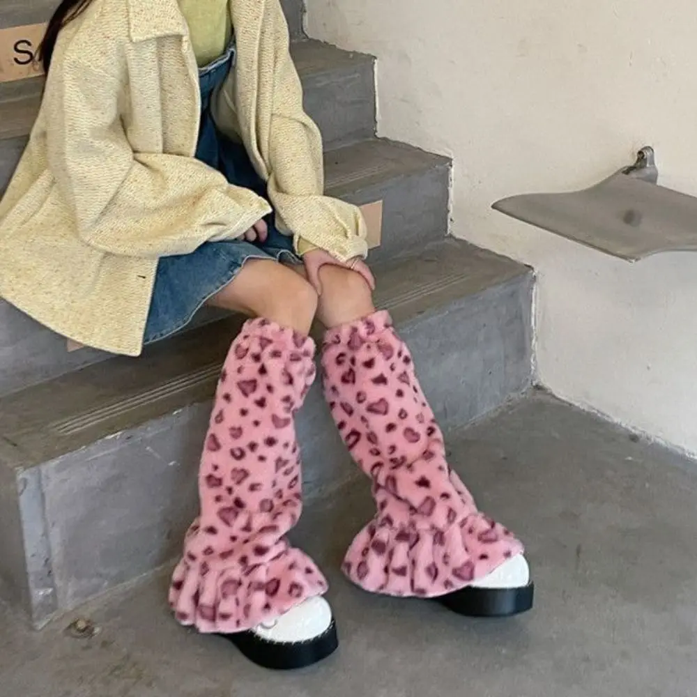 

Soft Leopard Print Winter Leg Warmers Dot Stripe Pleated Plush Leg Coverings Kawaii Y2K Furry Leg Warmers Spicy Girls