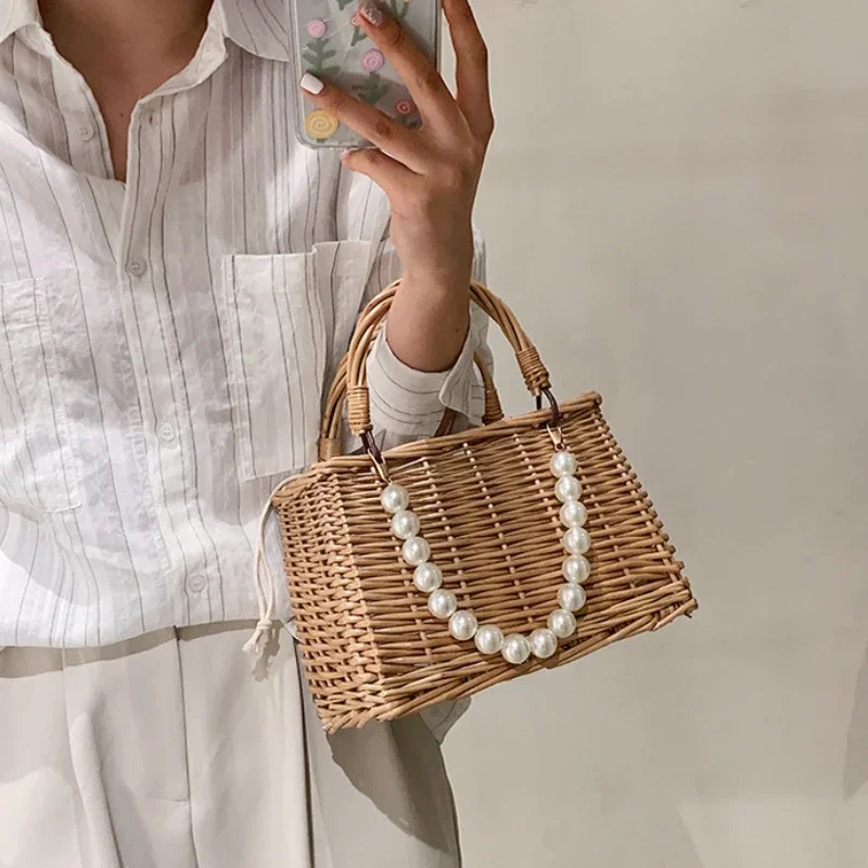 Straw Bags for Women Square Handbags Summer Rattan Shoulder Bags Handmade Knitted Storge Small Totes Bag 2024 New Fashion