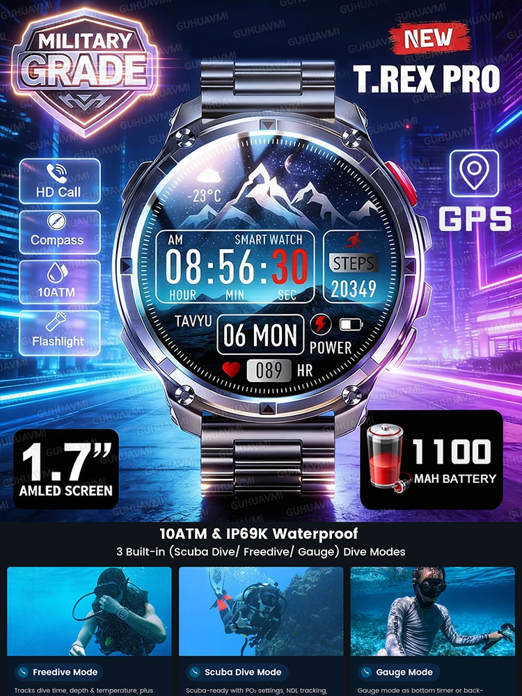 2026 Nieuwe T-Rex3 Pro GPS Tracker Smartwatch Heren 120-daagse Stand-by 1100mAh Klok Robuuste Outdoor Sport 10ATM Waterdicht Belhorloge - afbeelding 2