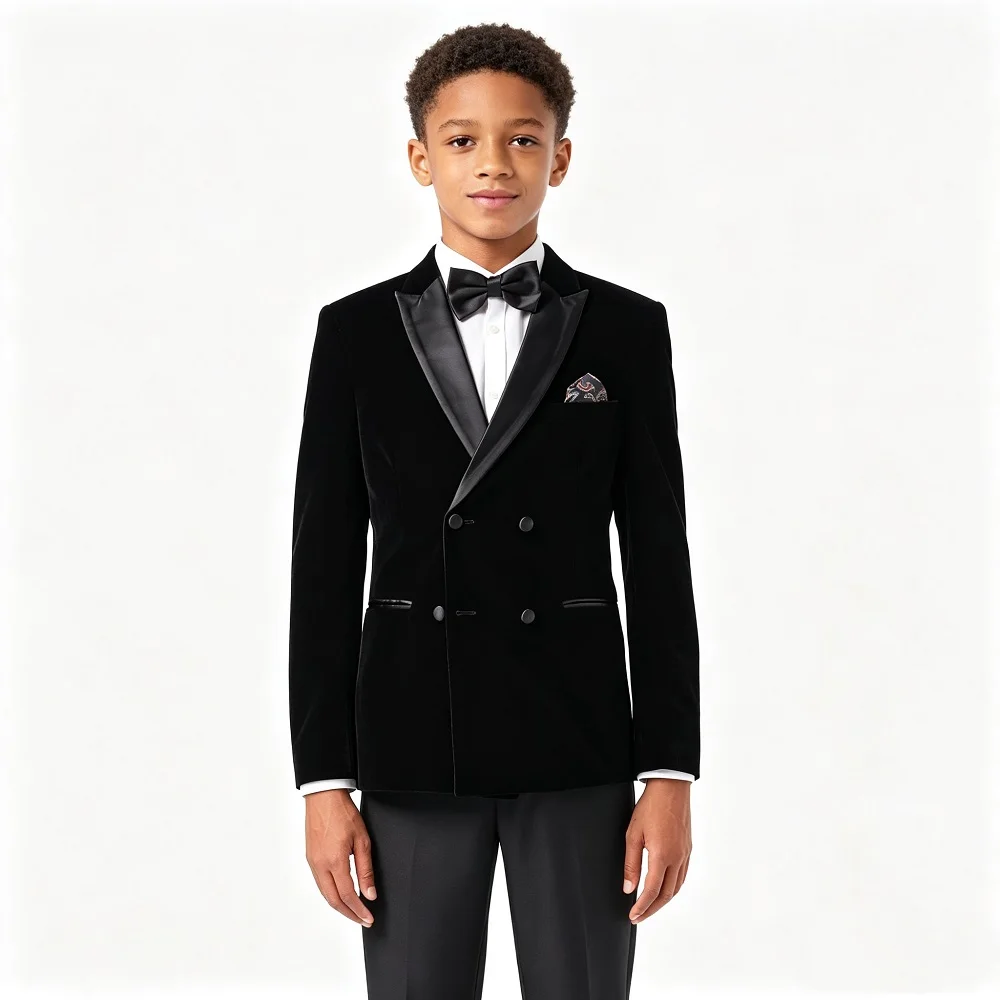 Boys Double Breasted Velvet Tuxedo Suit Peak Satin Lapel 2 Pieces Jacket Pants Set Formal Wedding Page Suit for Prom Banquet