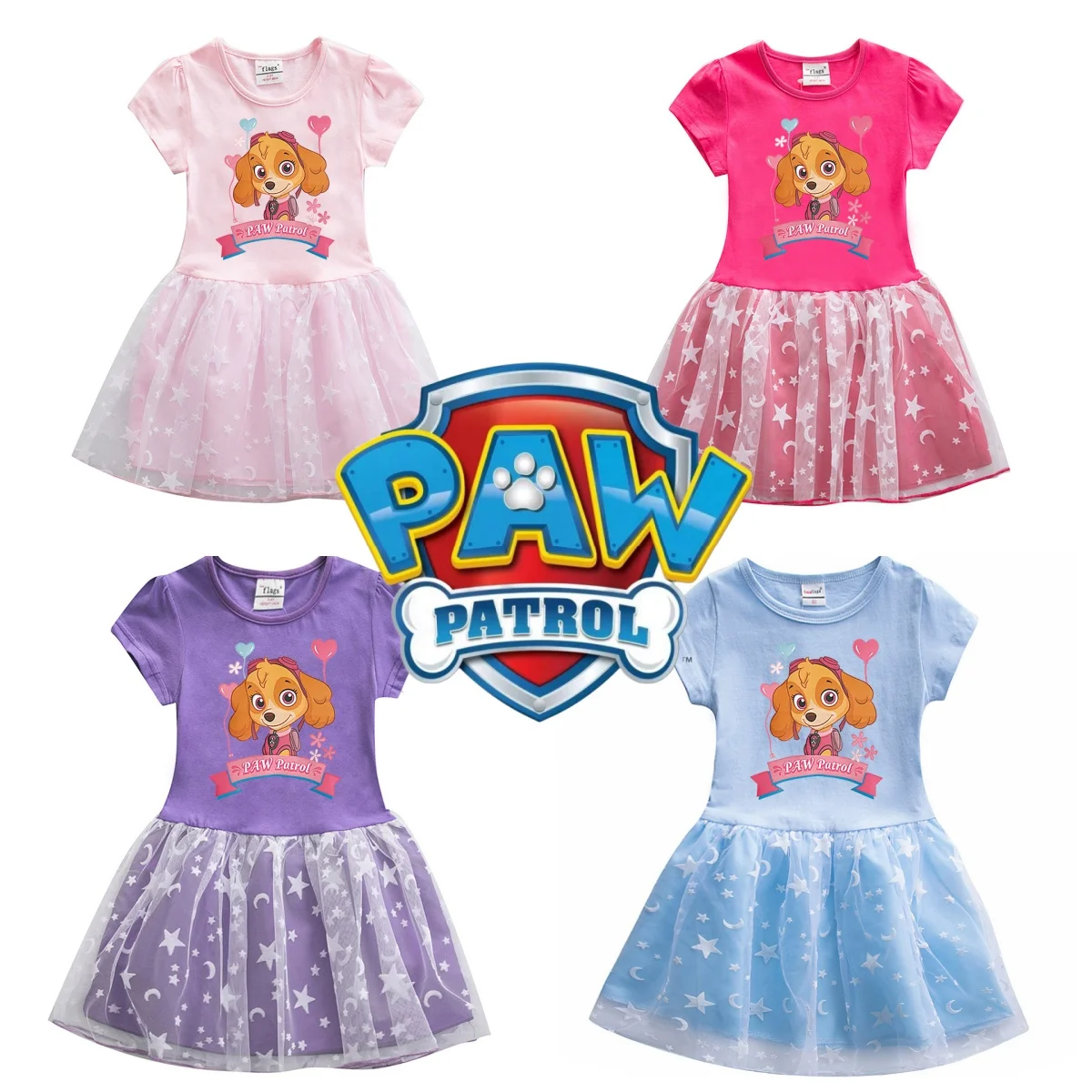 

Paw Patrol Mesh Dress Children Clothes Puppy Patrol Costume Girls Skirt Anime Cartoon Sky Summer Short-Sleeved Party Girl Dress