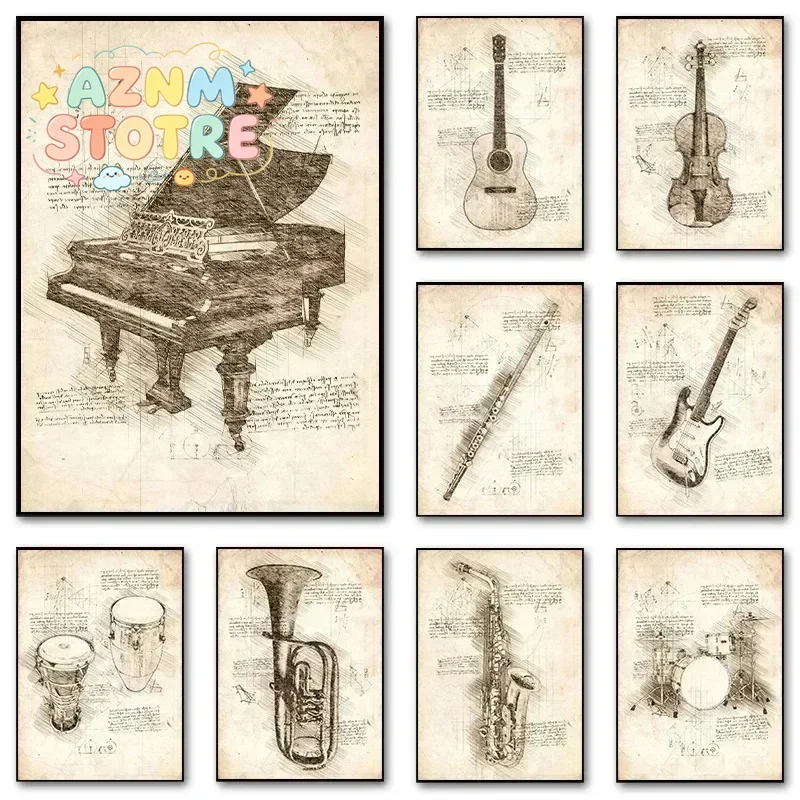 (2D canvas painting)  Inspired Sketch Canvas Painting Poster Musical Instruments Piano Violin Decoration Printing Wall Art Be