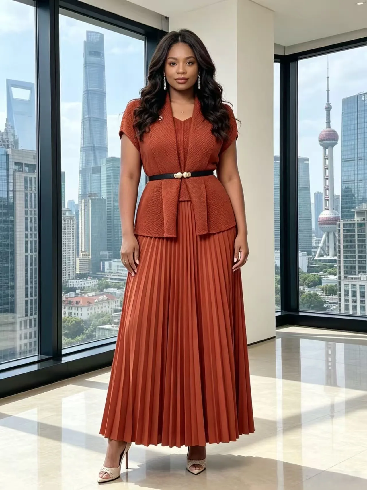 

Miyake folds 2026 summer new fashion temperament suit design top long skirt two-piece women's clothing
