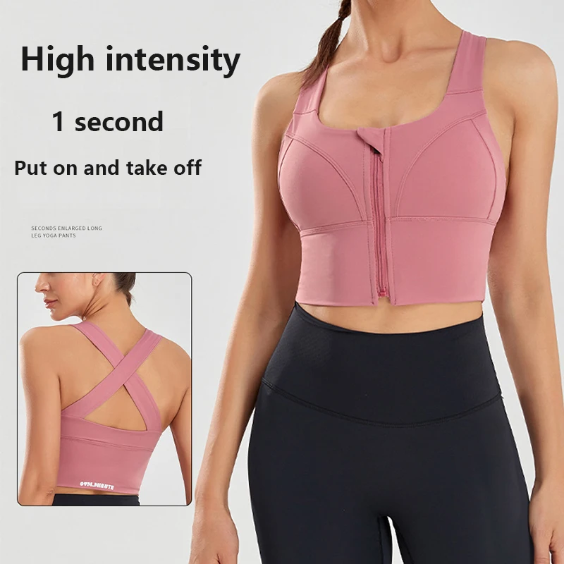 High Impact Front Zip Sports Bra for Women, Shockproof Supportive Workout Running Yoga Crop Top