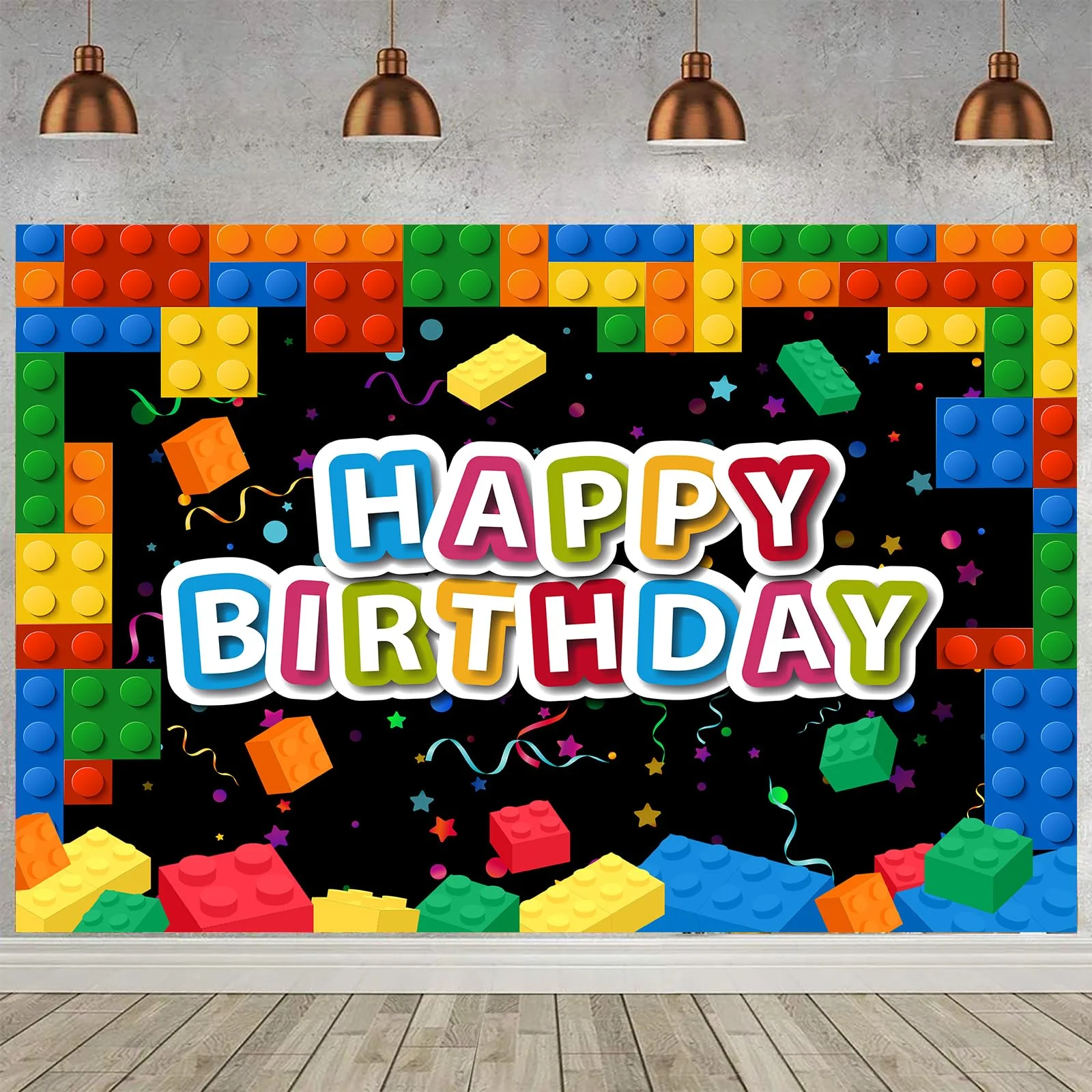 Building Blocks Backdrop Cartoon Greetings Happy Birthday Colorful Construction Bricks and Blocks Theme Background Vinyl