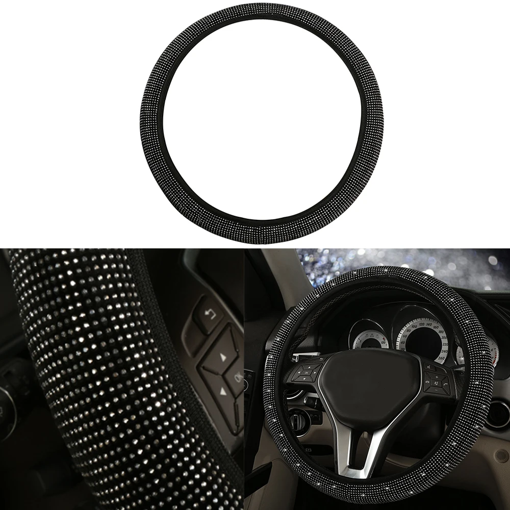 

38cm Car Steering Wheel Cover Bling Rhinestone Crystal Non-slip Wear-resistant Sweat Absorbing Sports Universal Car Accessories