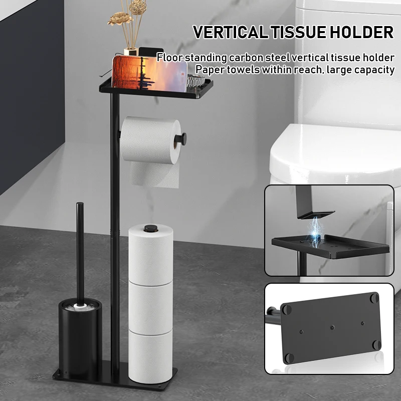 Freestanding Bathroom Tissue Holder — Vertical, Movable Toilet Paper Storage Rack with Nail-Free Design and Integrated Toilet Br