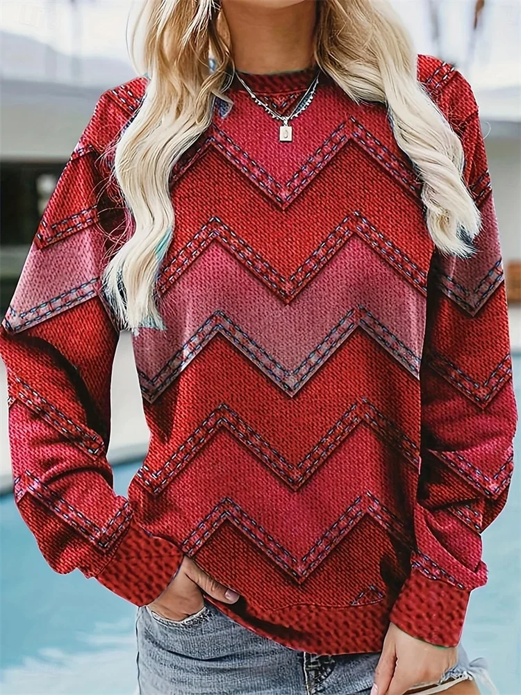 Women's Pullover Polyester Geometric Print Crew Neck Long Sleeve Inelastic Spring Fall Comfrt Breathable Soft Fabric 2025 Top ﻿