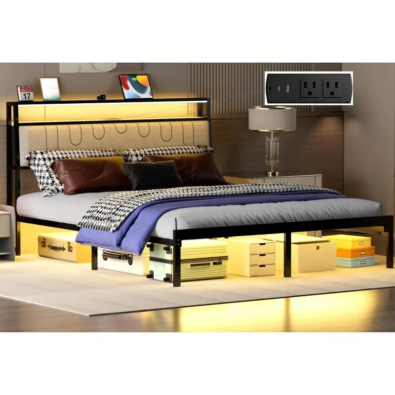 Queen Bed Frame with Headboard, Bed Frame with Charging Station & LED Lights, Upholstered, Metal Platform Black