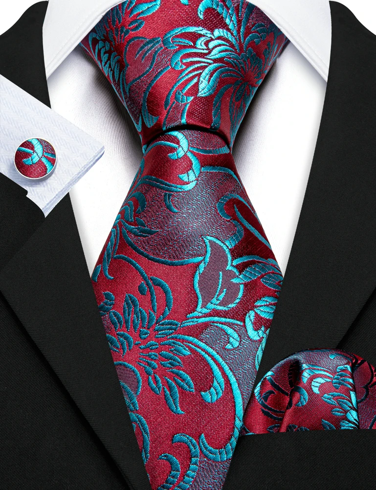 Fashion Silk Red Blue Teal Floral Men Tie Set Necktie Handkerchief Cufflinks Wedding Gift Barry. Wang Tie Pin Brooches A-6074