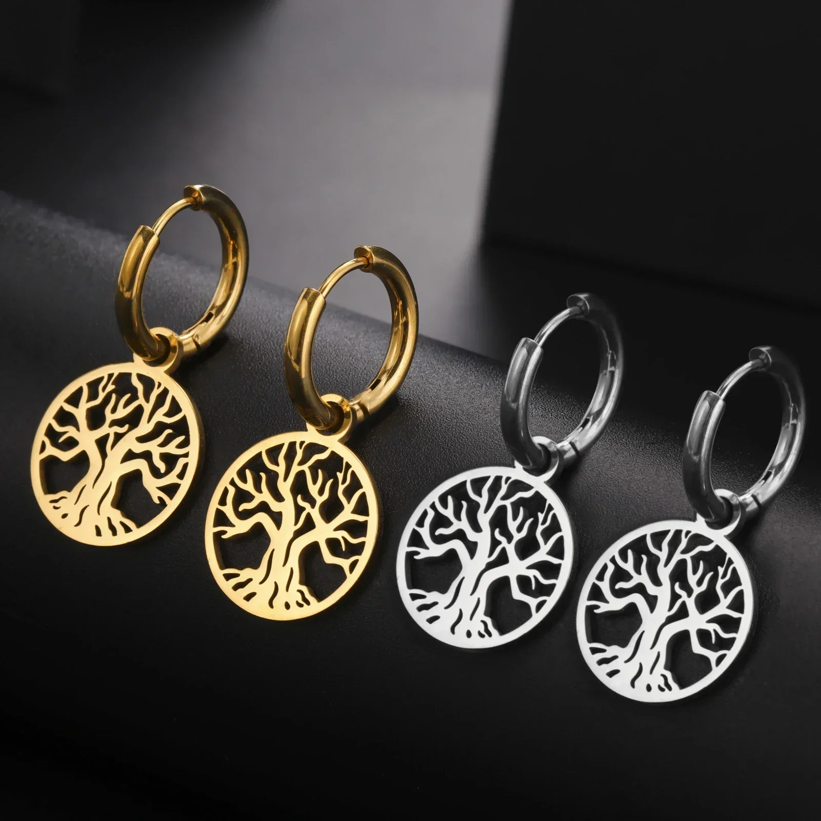 Life Tree Pentagram David Star Stainless Steel Earrings Women's New Year Gift Fashion Accessories