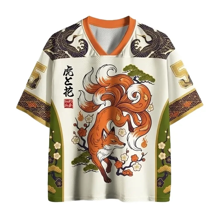 2026 Summer New Japanese Nine Tailed Fox Design 3D Printing Outdoor Vacation Leisure Sports Fitness V-neck T-shirt Large